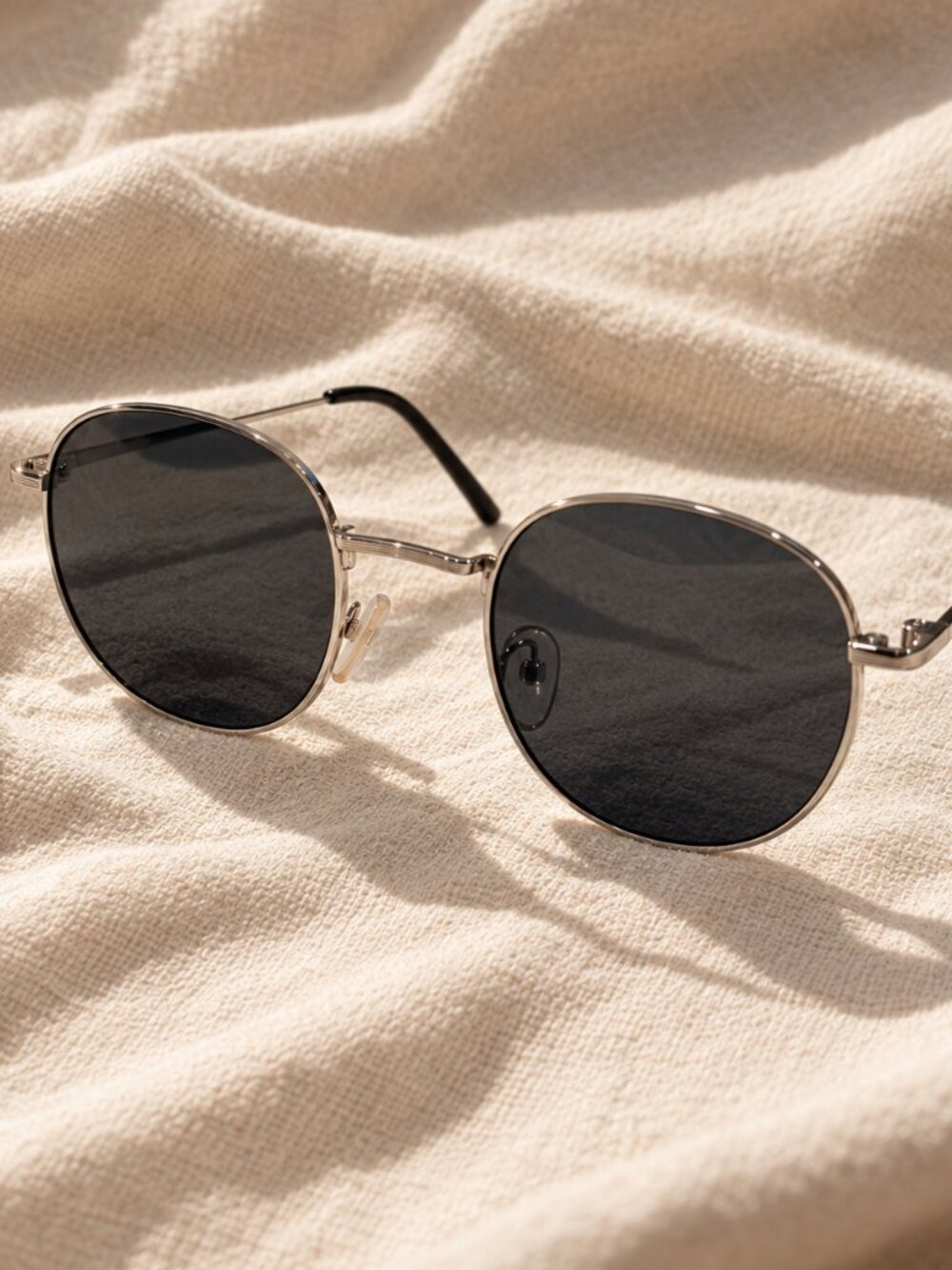 Round Silver Metal Sunglasses Black Lenses Retro Minimalist